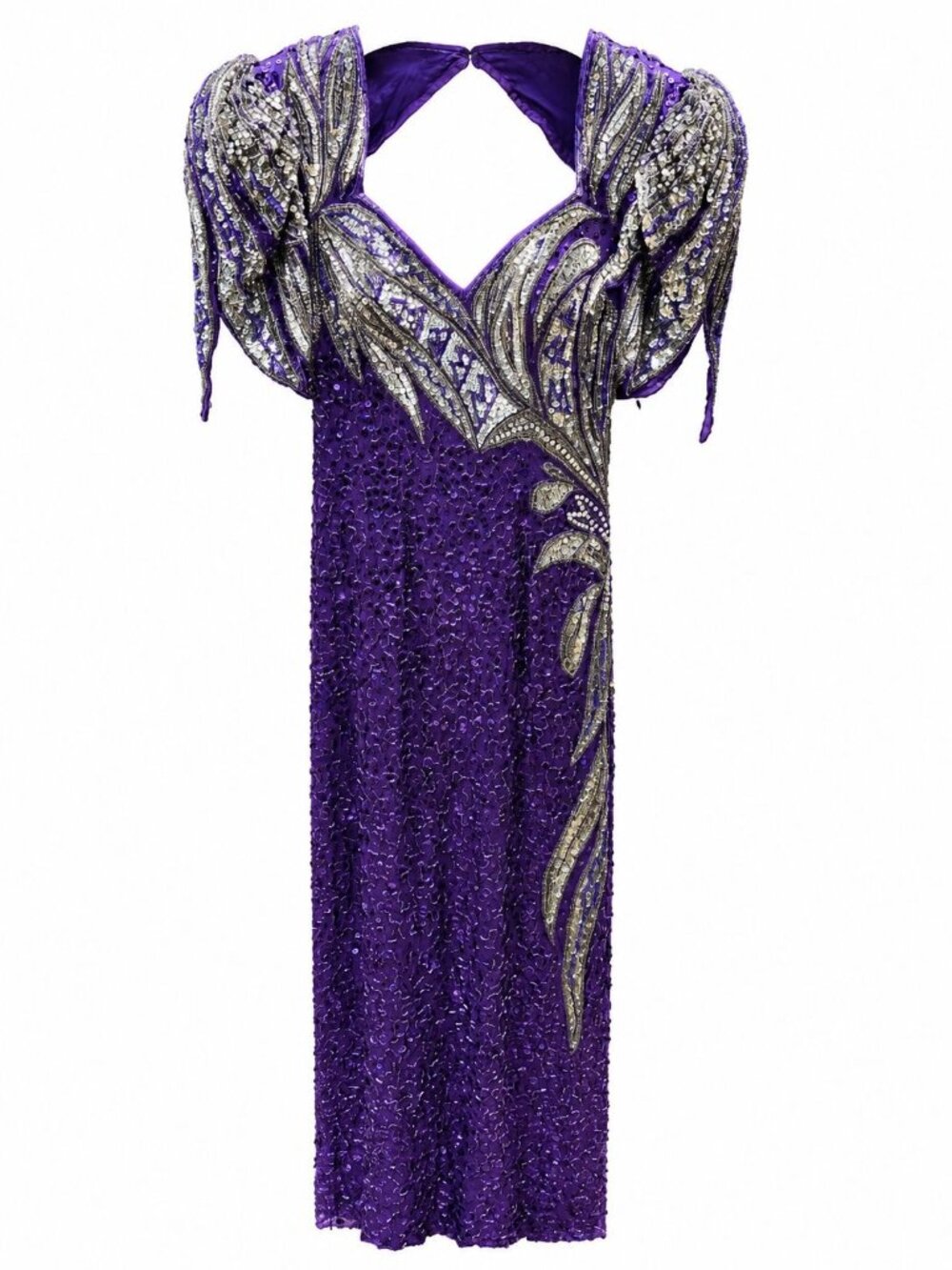 Vintage 90s Y2k Alyce Designs Silk Purple Sequin, Pearl, Bead Evening Dress, 6 - Picture 2 of 10